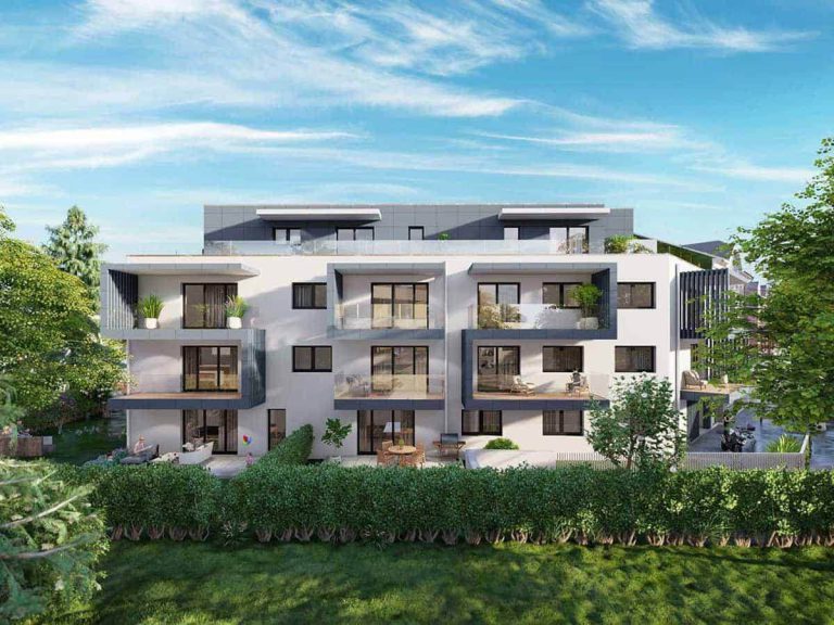 Moderne Eigentumswohnungen mit großzügigen Balkonen in bester Lage, umgeben von Grünflächen.