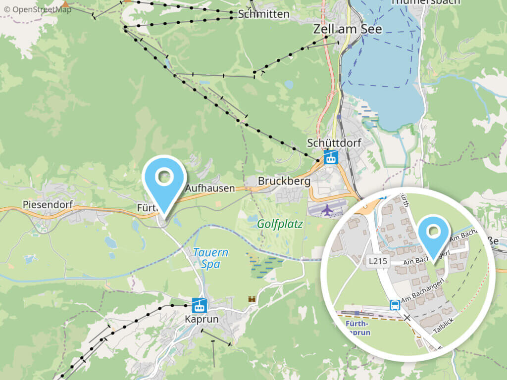 Karte von Fürth bei Kaprun, Umgebung von Salzburg und Oberösterreich, mit markierten Punkten.