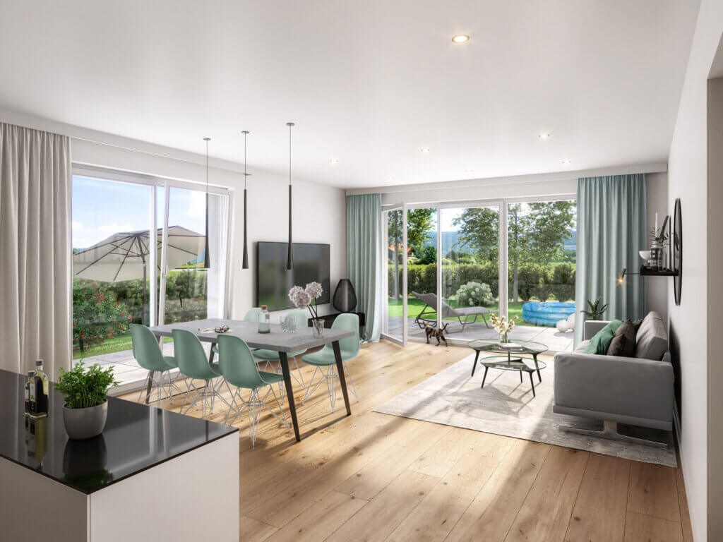 helle moderne Eigentumswohnung mit großem Wohnbereich und Blick auf Terrasse und Garten in Salzburg