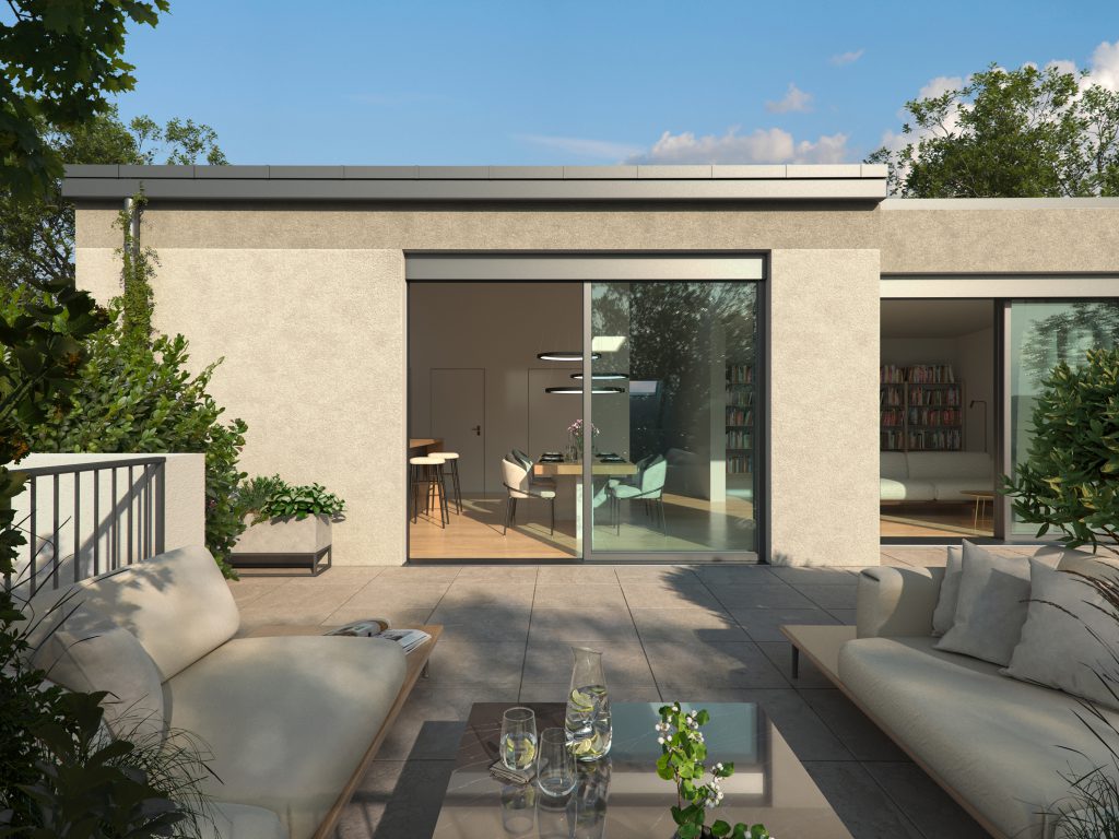 Moderne Penthouse Terrasse mit Lounge, großen Glasfronten und Blick ins Wohnzimmer