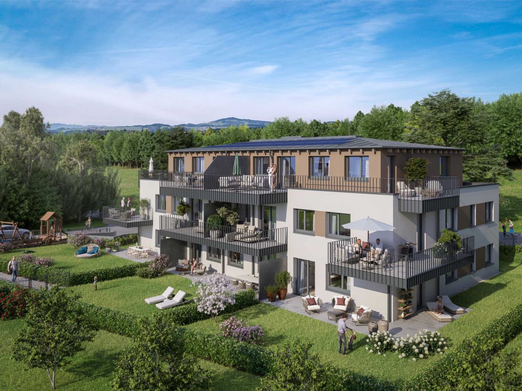 Visualisierung moderner Wohnhäuser mit Terrassen und Gartenflächen