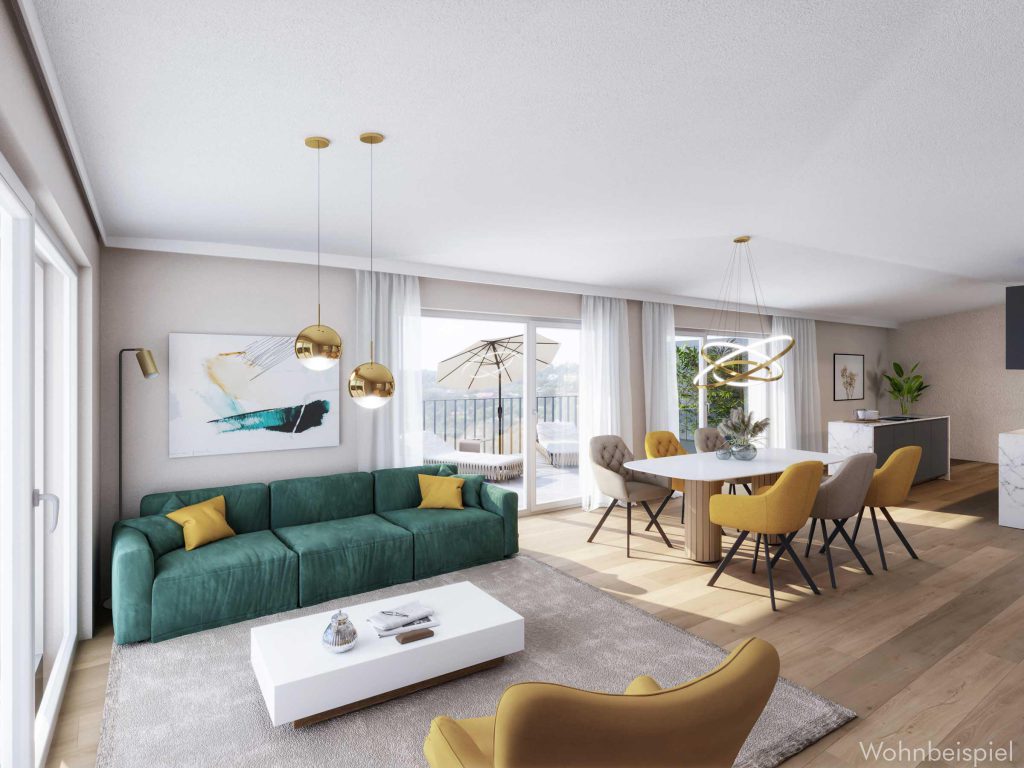 Modern eingerichtetes Wohnzimmer mit Essbereich und Balkonzugang
