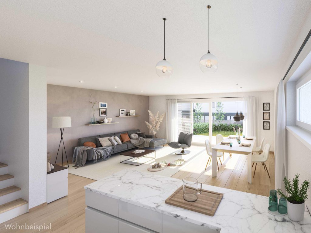 Helles Wohnzimmer mit Essbereich und moderner Einrichtung
