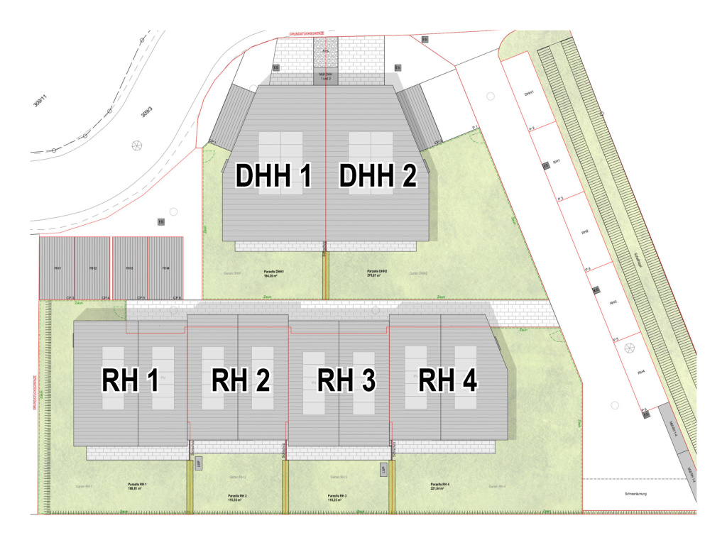 Moderne Reihen- und Doppelhäuser der Leitgöb Wohnbau in Salzburg aus der Vogelperspektive