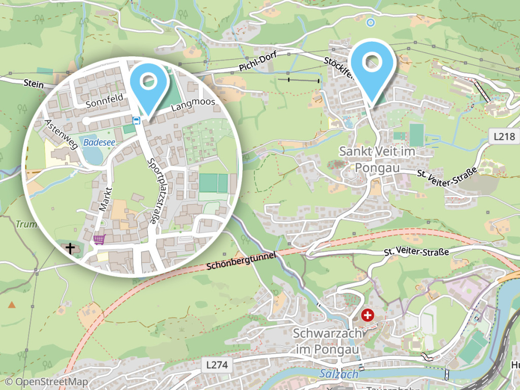 Karte von Sankt Veit im Pongau mit Markierung an der Sportplatzstraße und Detailausschnitt