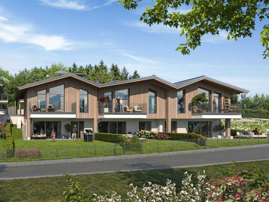 Moderne Reihenhäuser mit Holzfassaden, Balkonen und Gärten im Wohnprojekt Plainfeld Waldweg