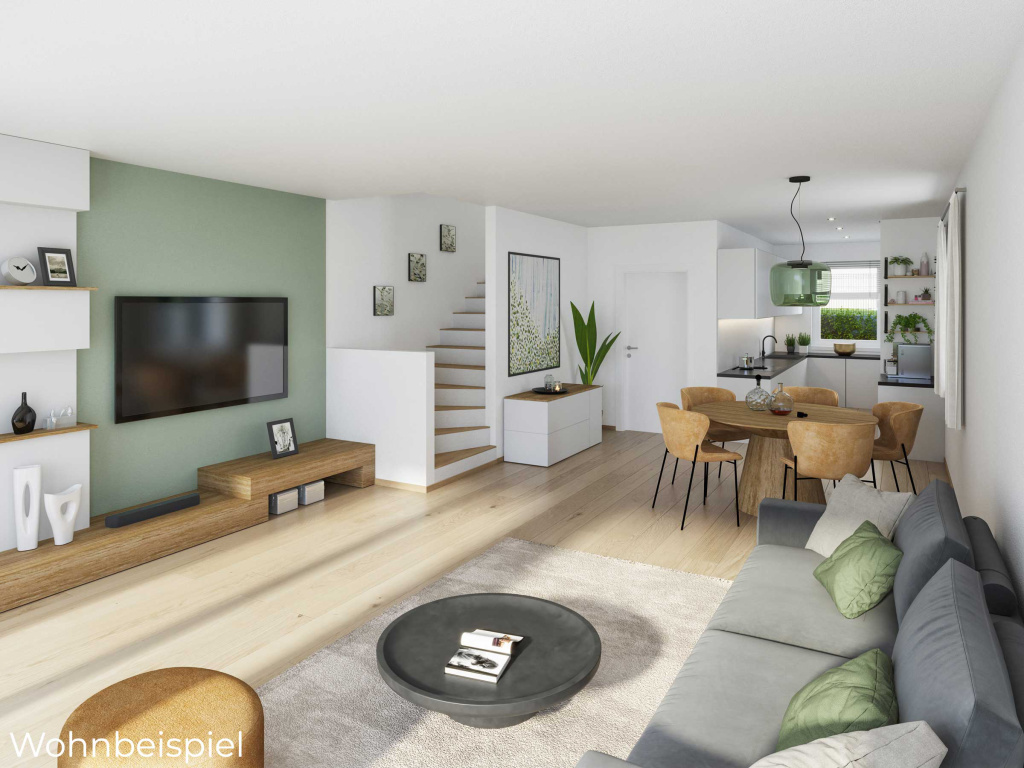 Helles Wohnbeispiel mit Wohnzimmer, Essbereich, offener Küche und Treppe in modernen Naturtönen
