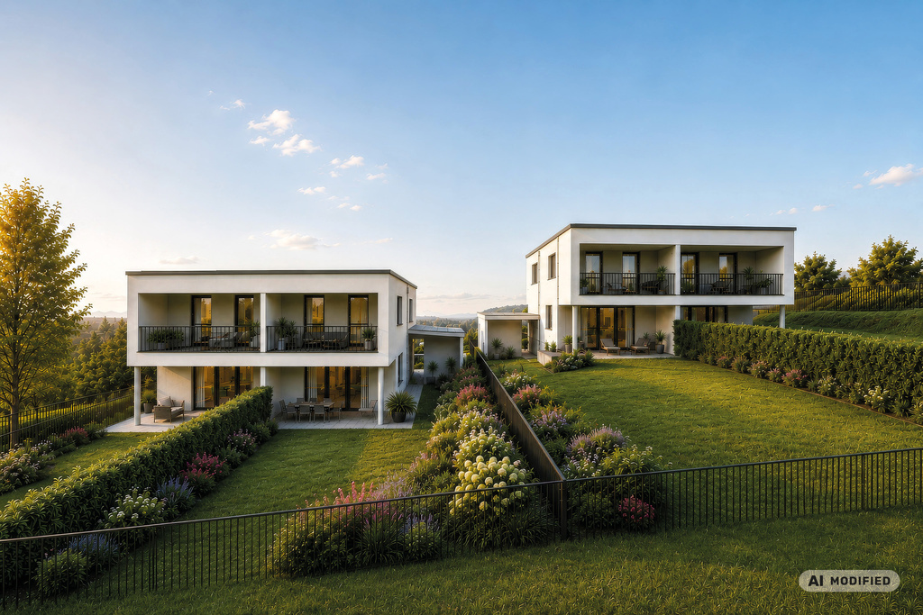 Zwei moderne Doppelhäuser mit Balkonen, Terrassen und gepflegten Gärten in Hanglage