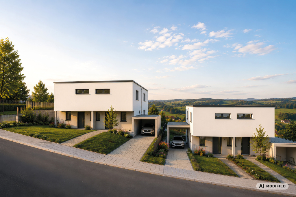 Zwei moderne weiße Doppelhäuser mit Carports und gepflegten Gärten vor hügeliger Landschaft