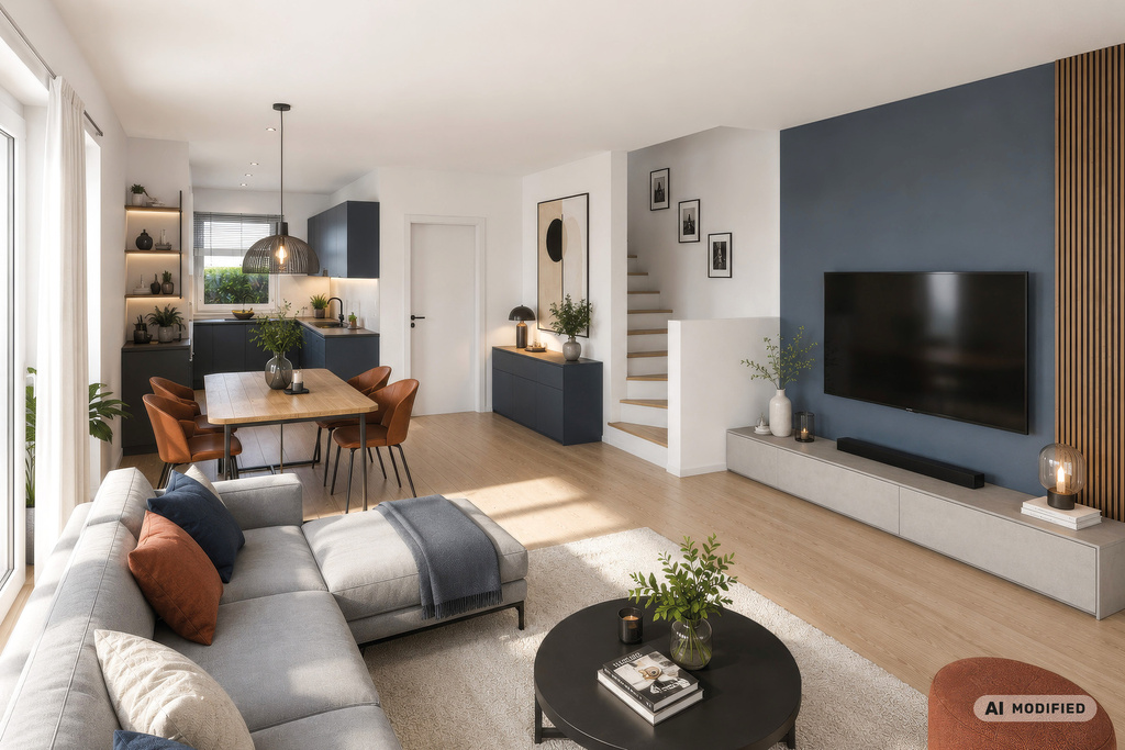 Offener Wohn-, Ess- und Kochbereich mit grauem Sofa, Holztisch, dunkler Küche und Treppe