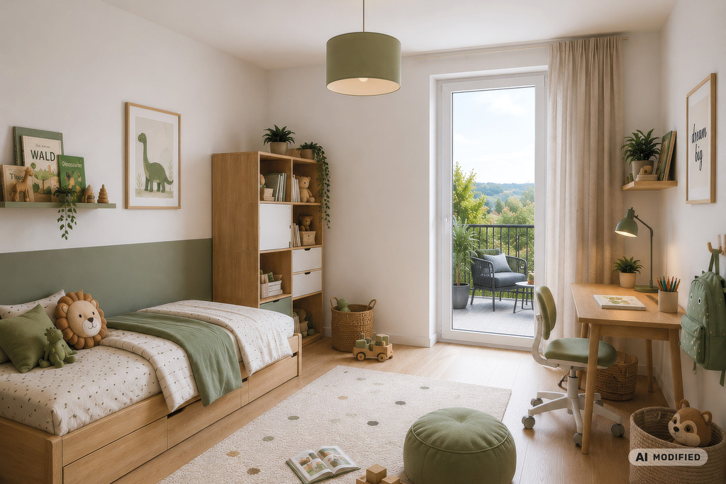 Helles Kinderzimmer mit Holzbett, Schreibtisch und Balkon mit Blick ins Grüne