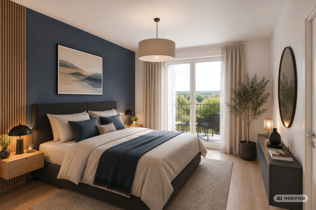 Modernes Schlafzimmer mit Doppelbett, Balkonzugang und Blick ins Grüne