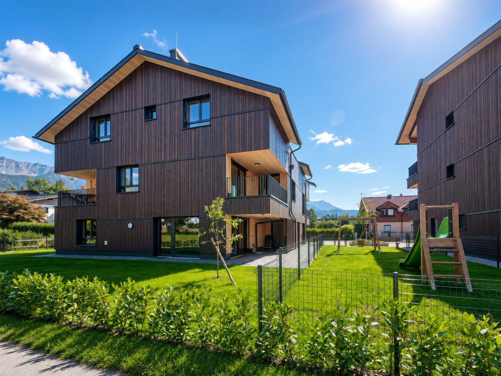 Zwei moderne Wohnhäuser mit dunkler Holzfassade, Spielplatz und Bergblick