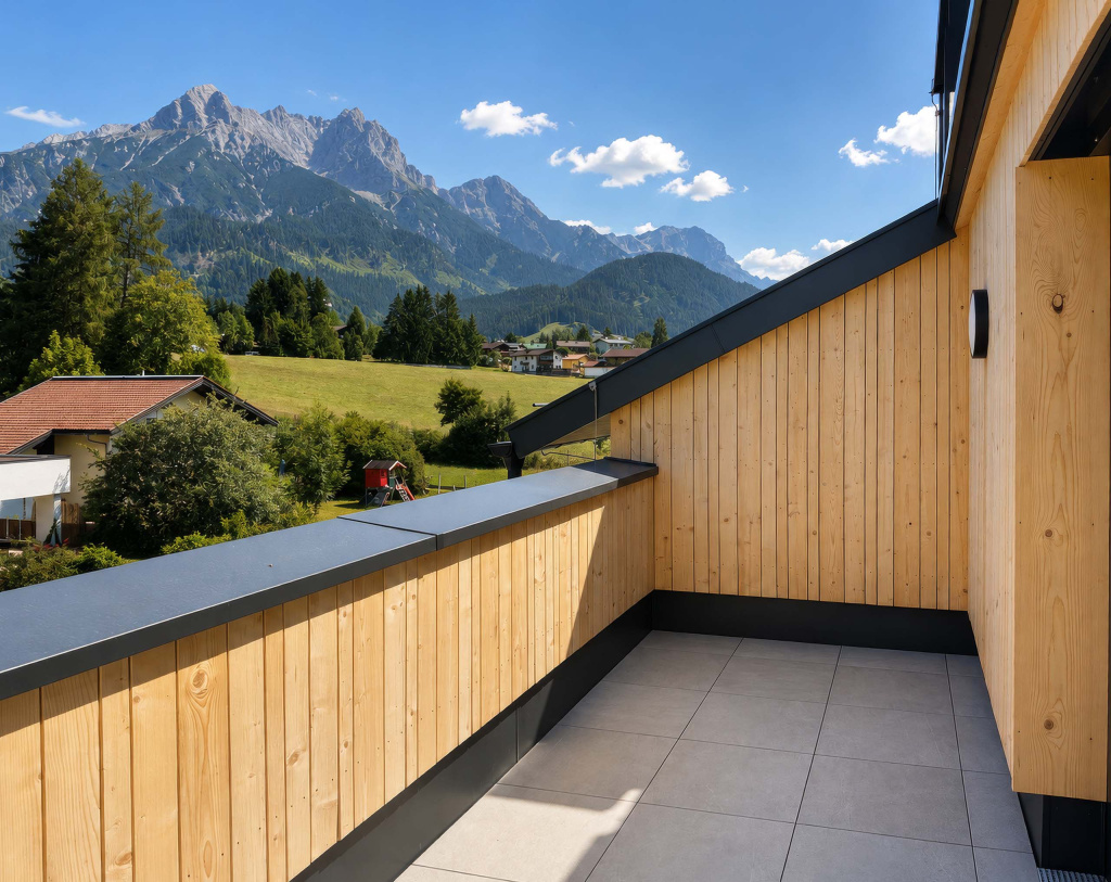 Holzverkleideter Balkon mit Blick über Wiesen und Häuser auf eine markante Bergkette