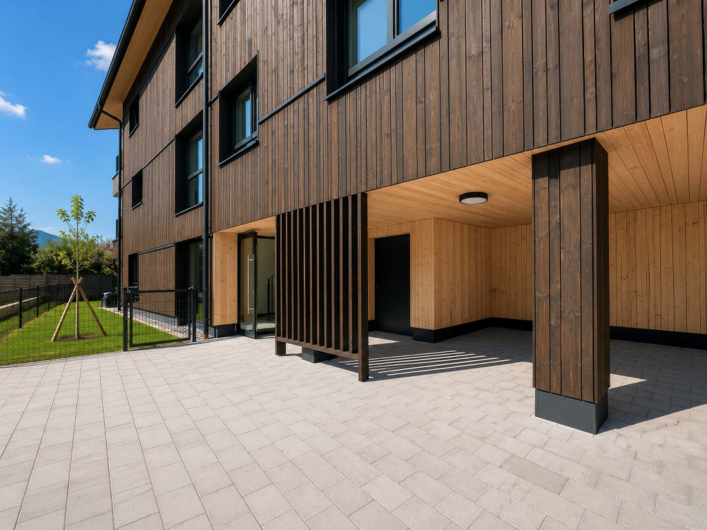 Holzverkleidetes Wohnhaus mit überdachtem Eingang, schwarzen Fensterrahmen und gepflastertem Vorplatz