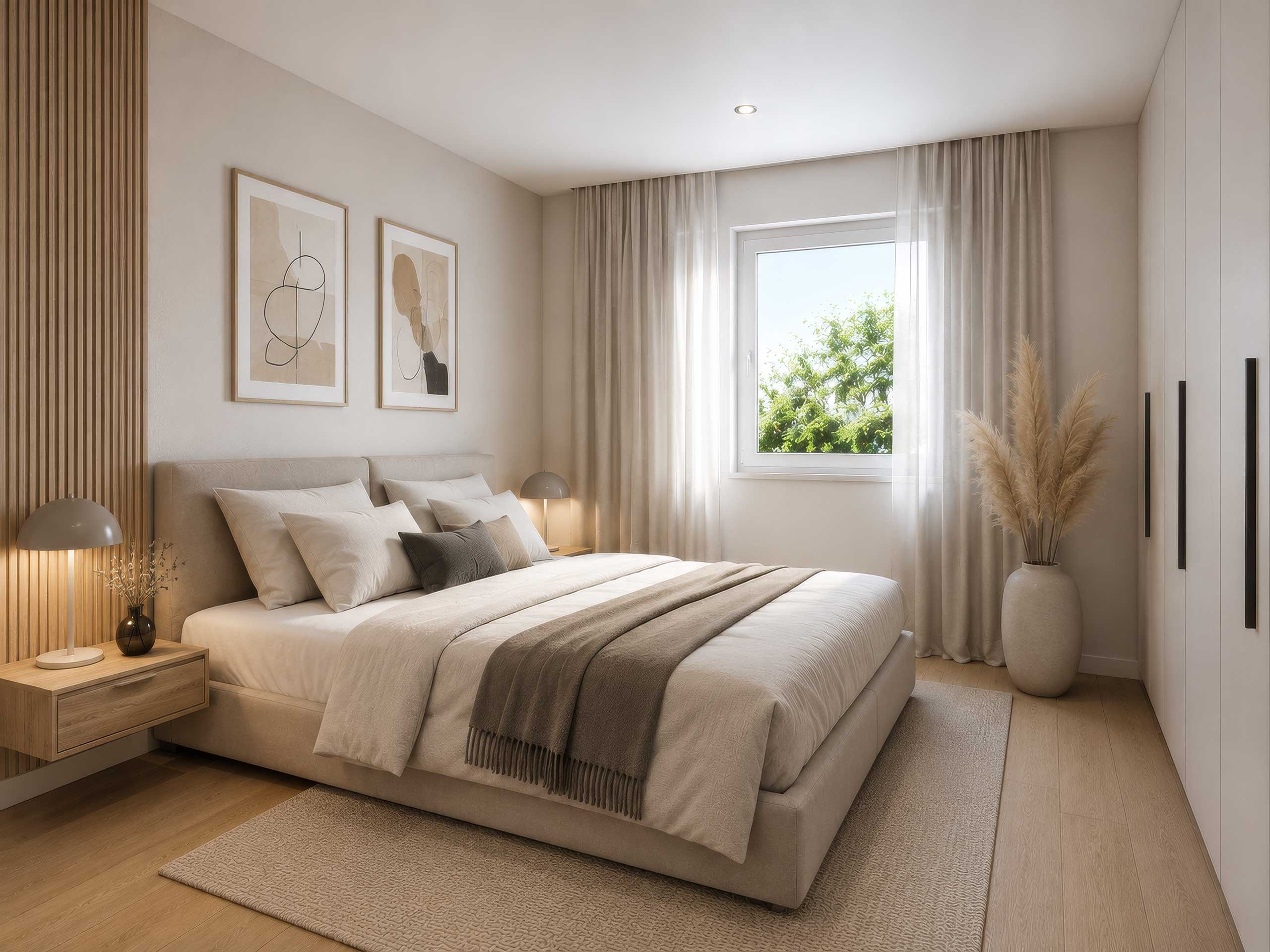 Helles Schlafzimmer mit Doppelbett, Holzlamellenwand, Nachttischen und großem Fenster
