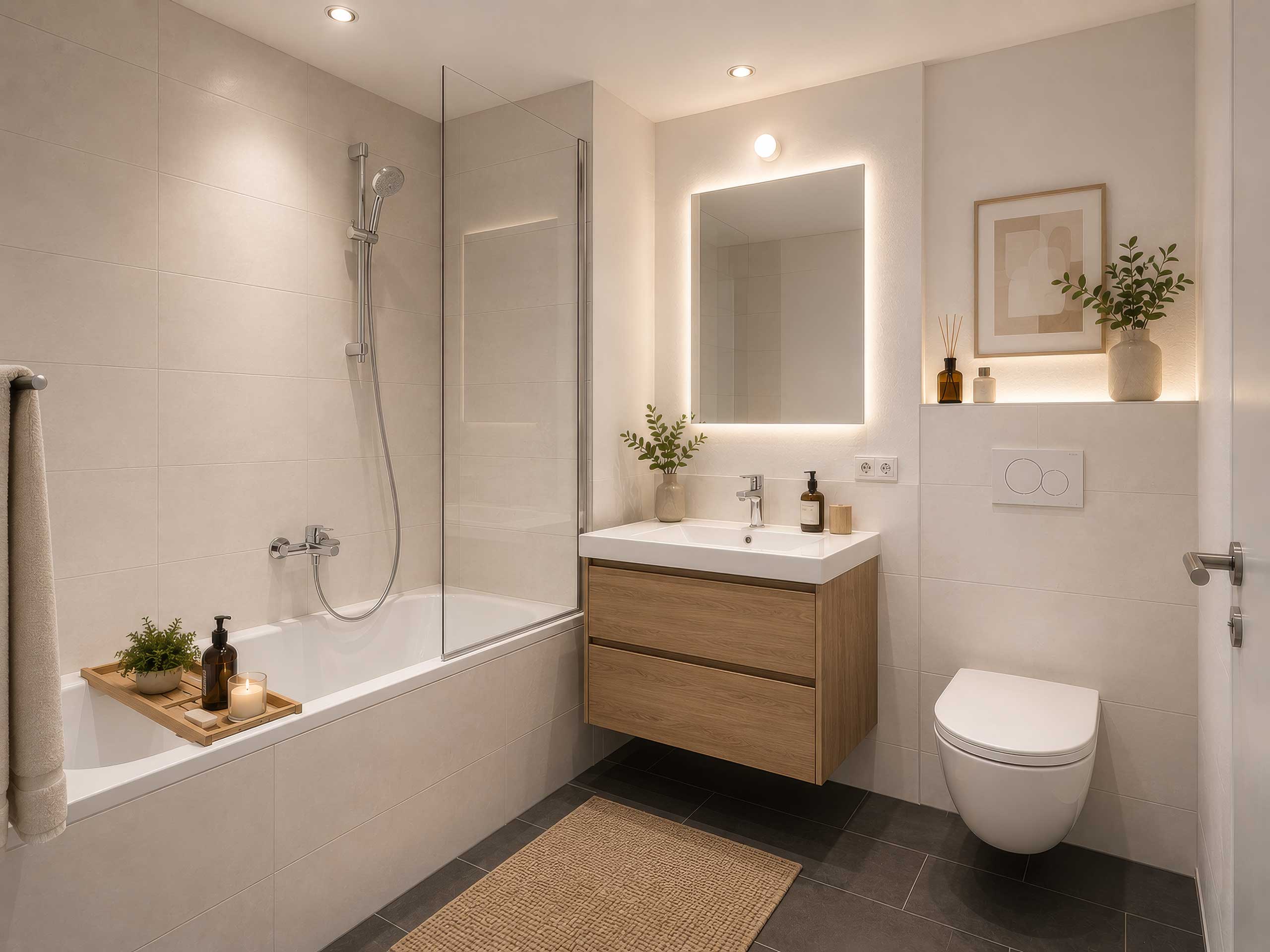Helles Bad mit Badewanne, Glasduschwand, Holzwaschtisch und wandhängendem WC