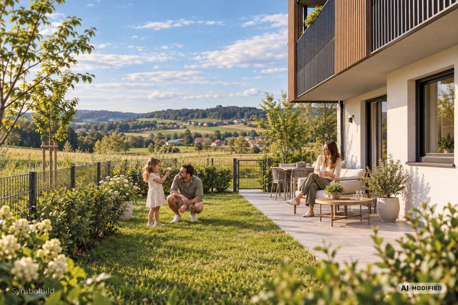 Kind und Mann auf einer Rasenfläche, Frau auf der Terrasse eines Wohnhauses mit Blick auf grüne Hügel